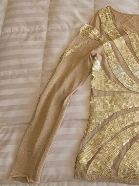 Escada Women's Long Sleeve Gold Sequin Mesh Top Size 38 EU (Size 6 US)